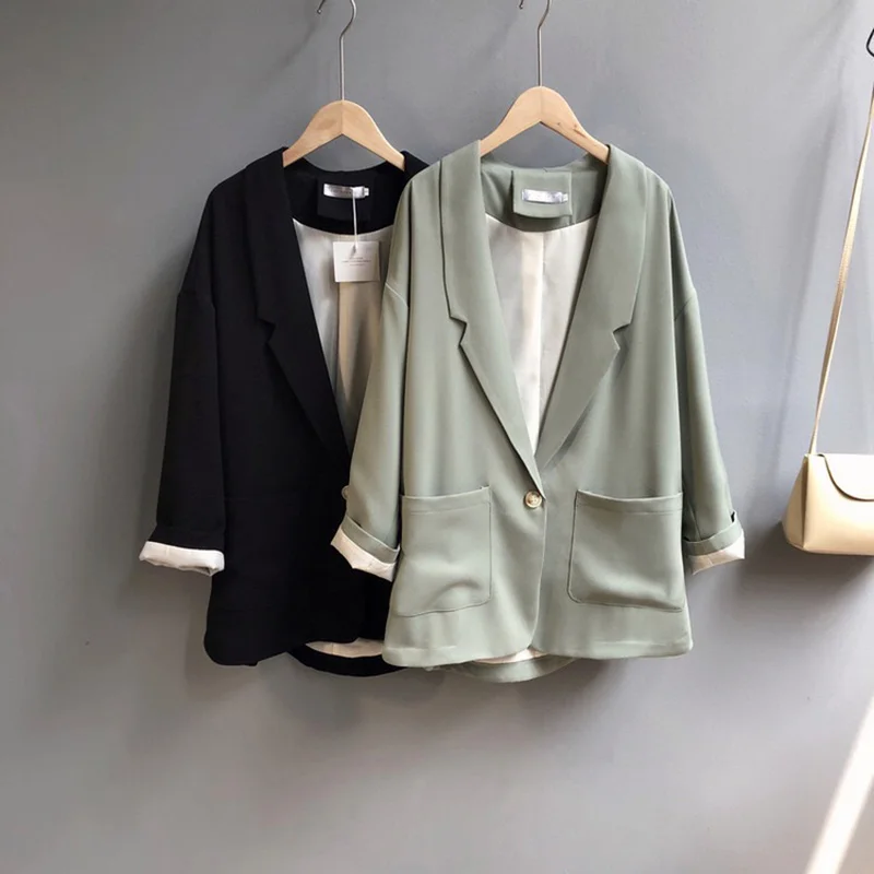 

2019 New England Style Women Red Blazers Long Sleeve Single Button Elegant Casual Green Summer&Spring Ladies Thin Coat