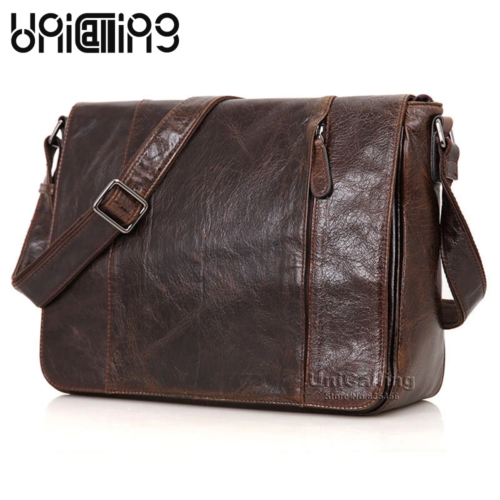

UniCalling brand genuine leather men shoulder bag leather crossbody bag for 14 inch tablet laptop flap cover men messenger bag