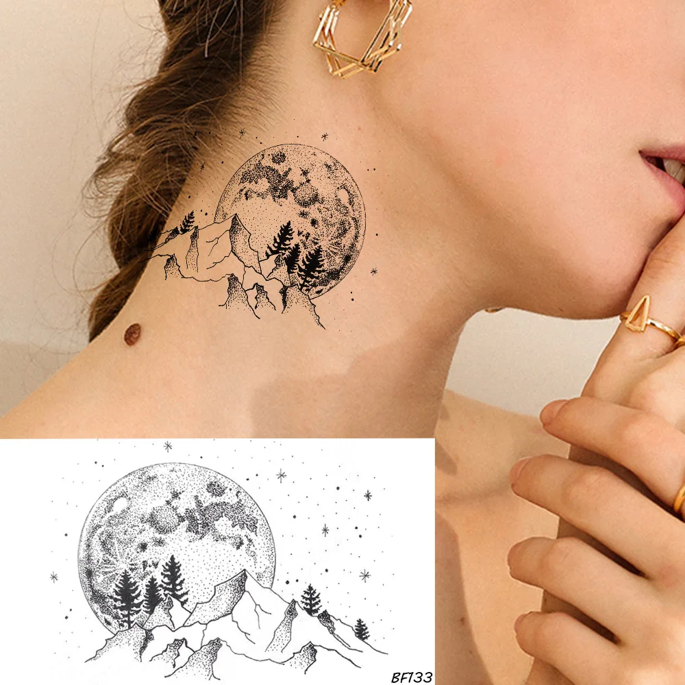

VANKIRS Black Women Moon Temporary Tattoo Sticker Mountain Arm Art Waterproof Tatoos Valley Men Small Fake Stars Tattoo Supplies