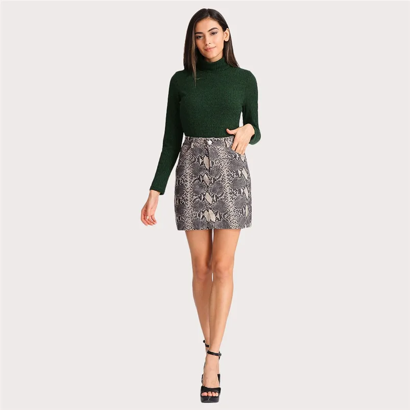 Skirt Elegant For Women Sexy Snake Print Skirts Elastic Suede High Waist Zipper Button Short Mini Autumn Bodycon Skirt R24 (1)