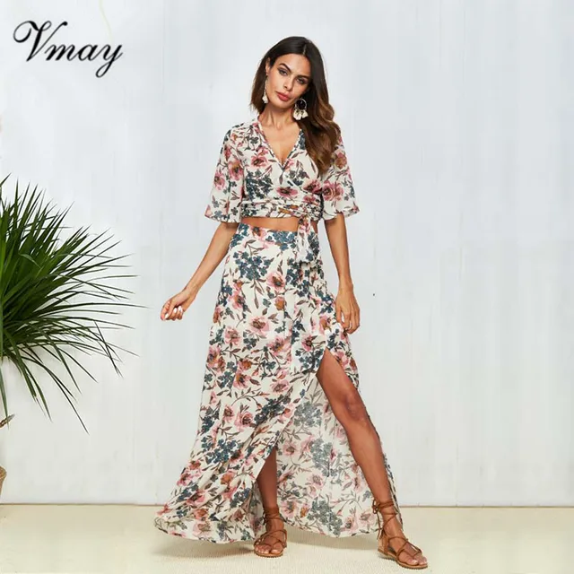 Best Price Vmay 2018 New Arrival Women Bohemian Fashion Summer Printed Chiffon Suit Female Summer Two-piece Suit