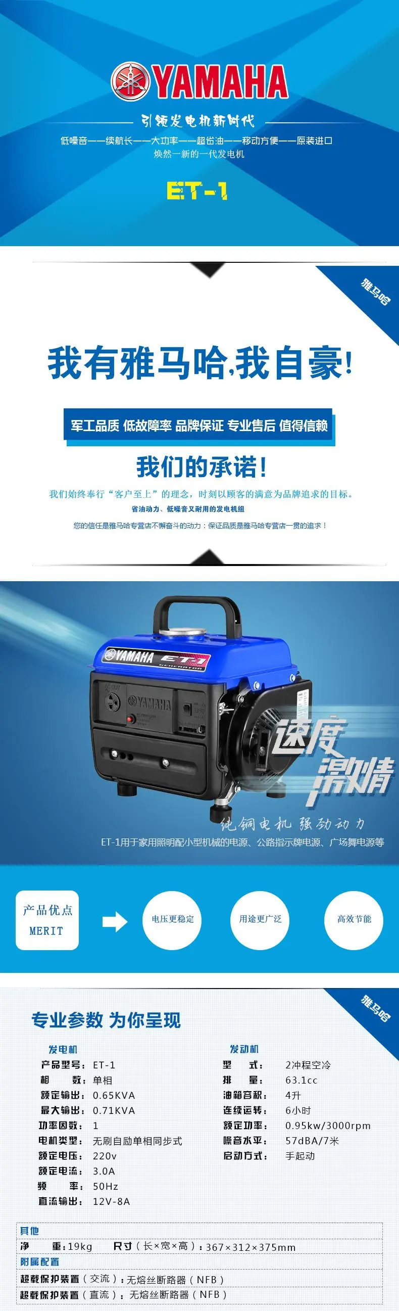 Gerador de Gasolina Genuíno Yamaha Portátil Casa Pequeno Carro Silencioso Conjunto Pontuado 0.7kw Et-1 Renovação da Casa