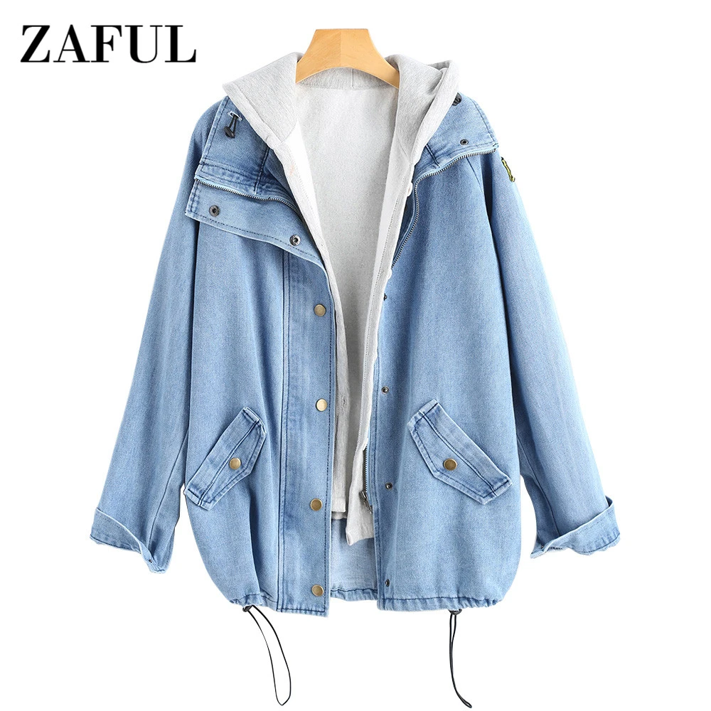 ZAFUL botón Denim chaqueta con capucha 2 3XL mujer Jean Plus tamaño mujeres otoño abrigo 2018 moda Streetwear veste básicas| - AliExpress