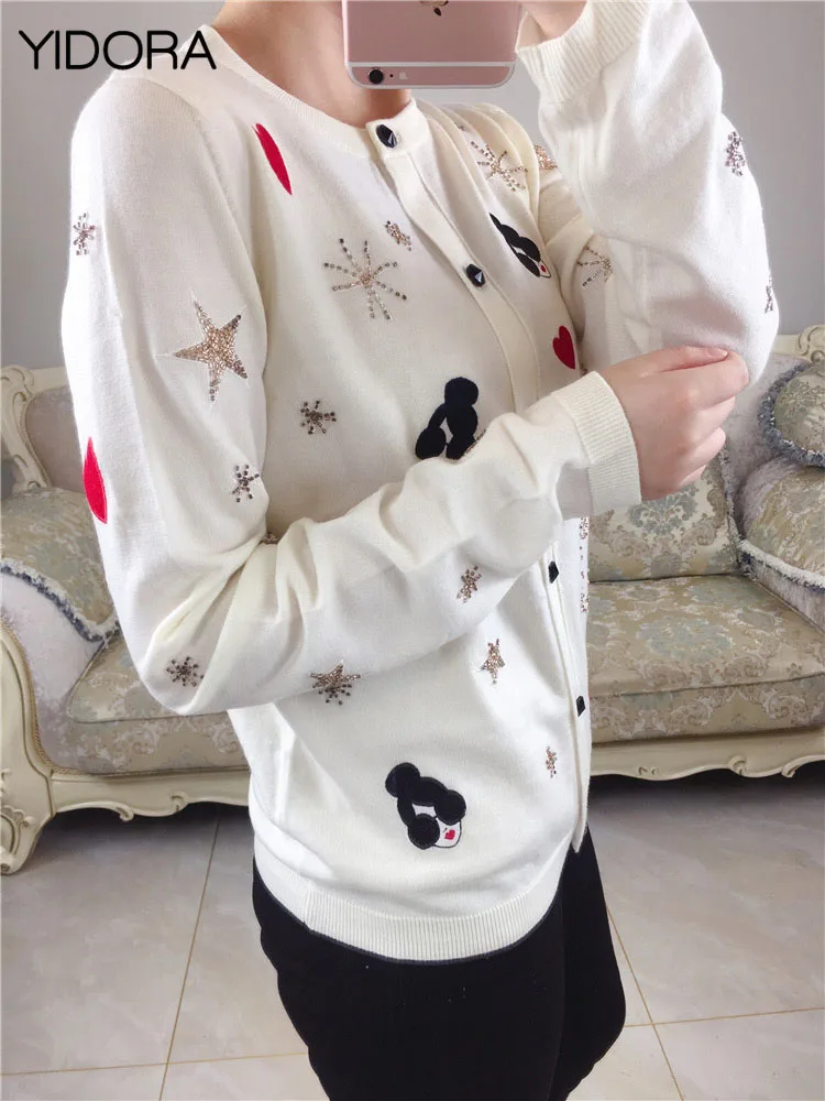 2018 Noir Nouvelle Embellie Étoile Noir blanc Main Coeur Et La Tricoté De Gamme Chandail Tricot Haut femmes À Perles Tissu Laine Cardigan blanc xZ1vSqF