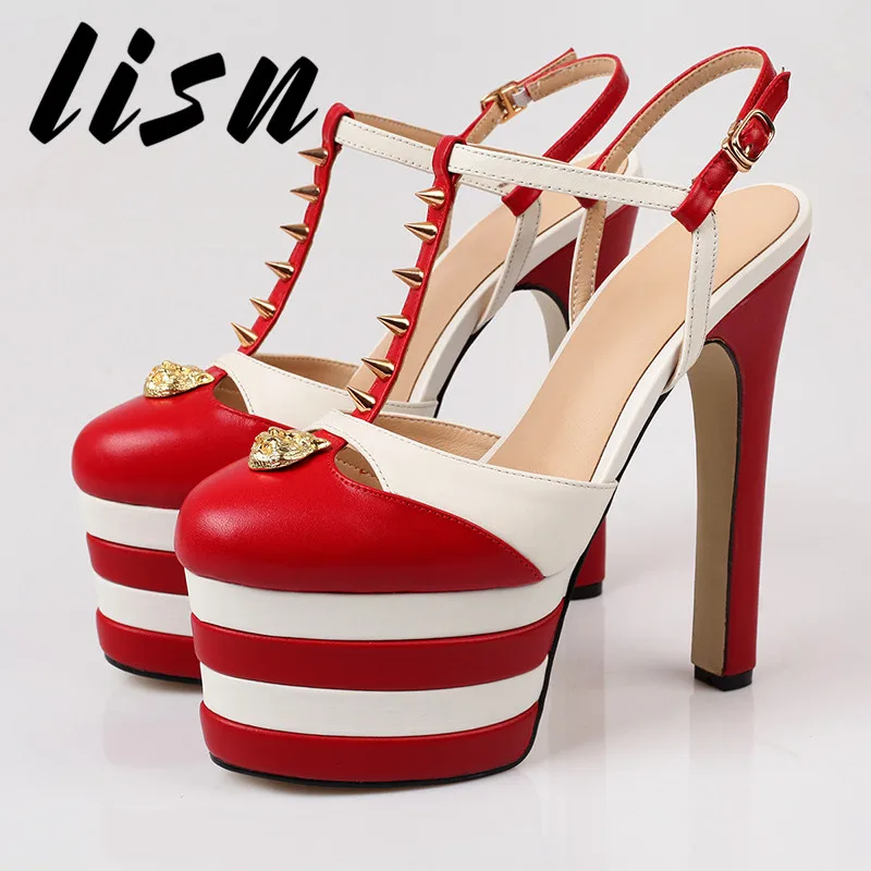 

LISN New Sexy Platform Round Toe Women Summer Sandals Sexy Thin HIgh Heel Metal Studded HIgh Heel Sandals Shoes Women