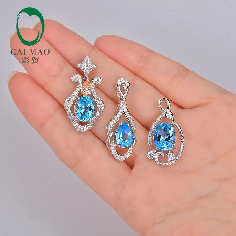 Caimao Jewelry Natural Blue Topaz 925 Sterling Silver Anniversary Pendant