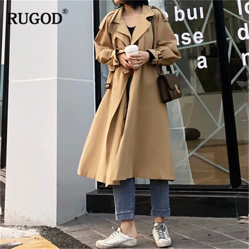 

RUGOD 2019 Winter New X-Long Trench Coat Women Solid A-Line Long Sleeve Safari Style Women Coat manteau femme