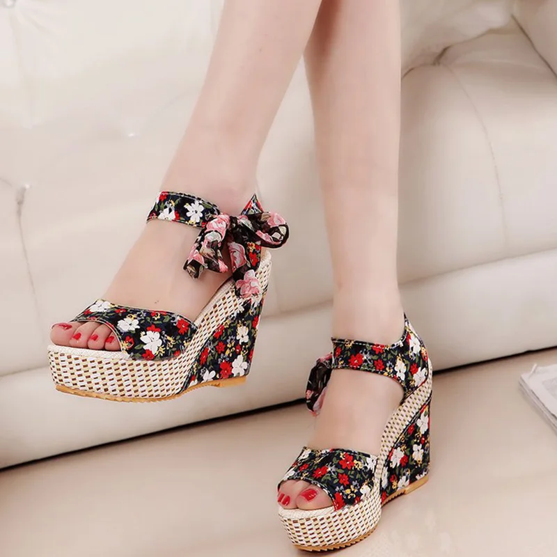 

Fashion Women Sandals Summer Wedge Sandals Lace Belt Platform Sandals Bow Sandalias Open Toe Ladies Sandals FLower Women Shoes