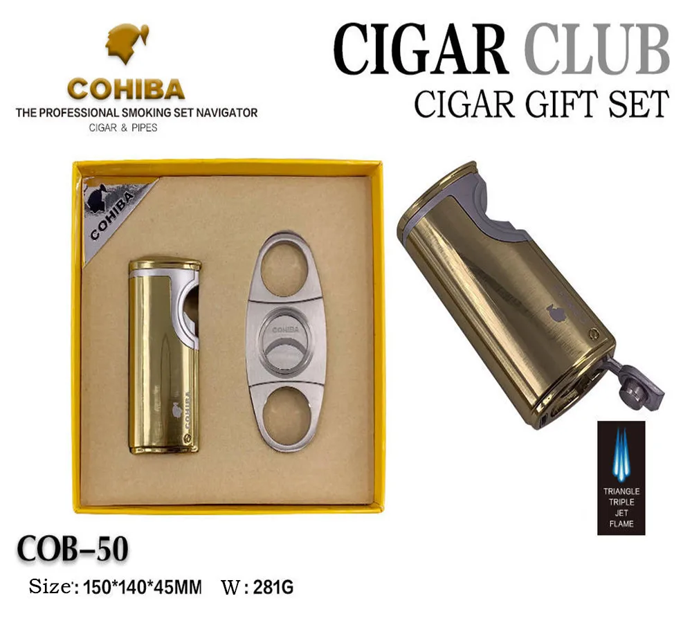 COHIBA сигара USB Зажигалка резак инструменты отверстие открывалка сигарета Металл многоразового бутан газ 3 фонарь Jet пламя удар подарочная коробка