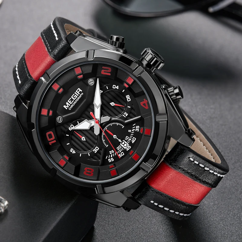 

MEGIR Man Quartz Watch Men Casual Sport Watches Mens Fashion Leather Strap Chronograph Waterproof Wristwatch Relogio Masculino