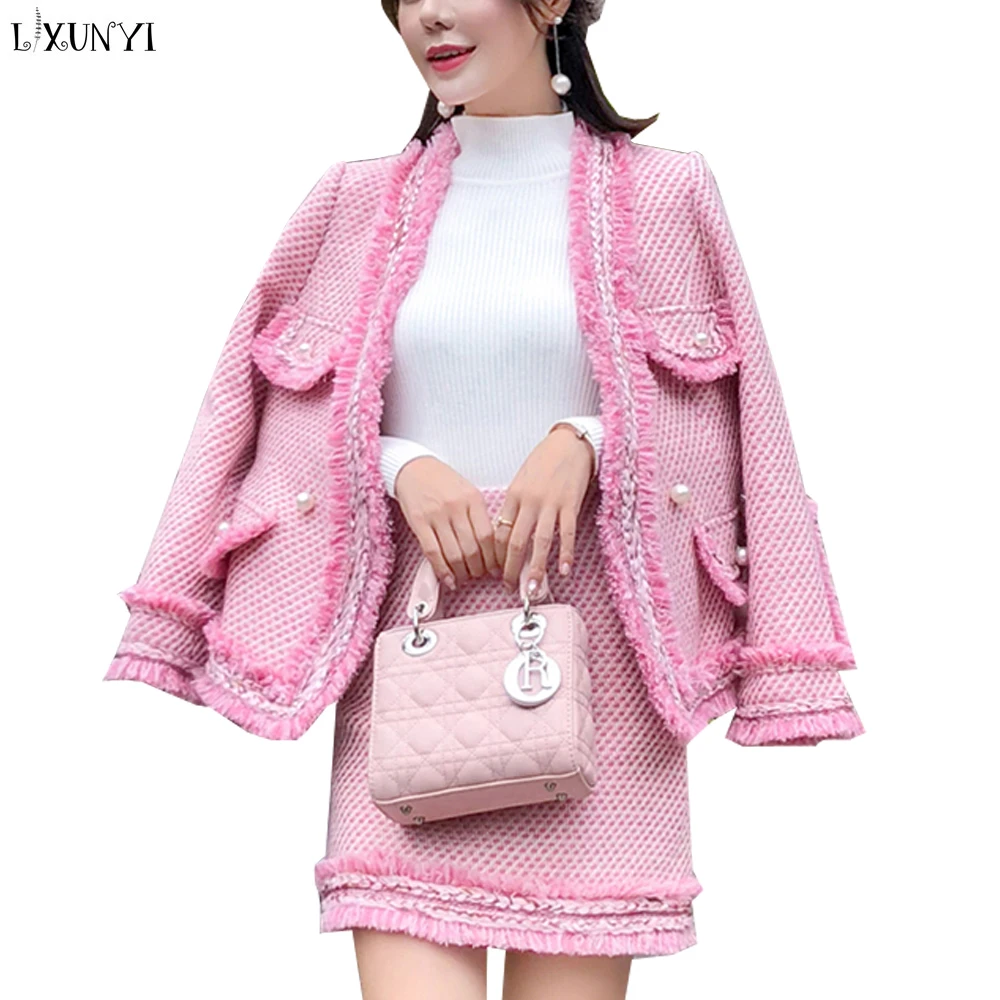 LXUNYI Pink Two Piece Set Women Tweed Skirt Suit Slim Jacket And Skirt High Quality Tassel Woolen Skirts Suits Female Elegant