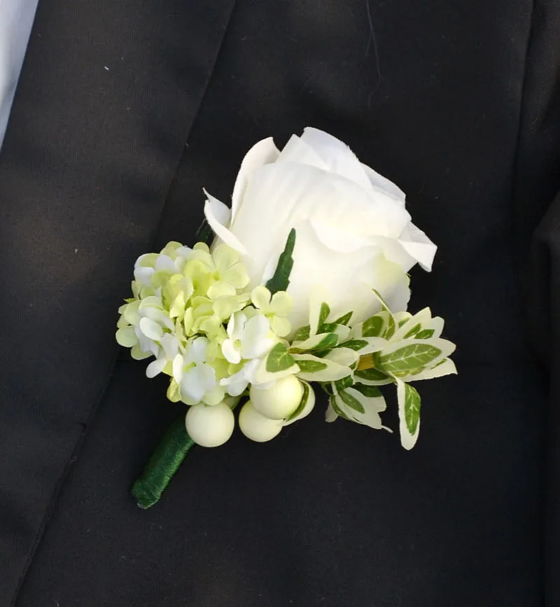 Бутоньерка для жениха ручной работы, искусственная бутоньерка, белый, зеленый шелк, роза, корсаж, свадебные принадлежности, брошь для мужского костюма