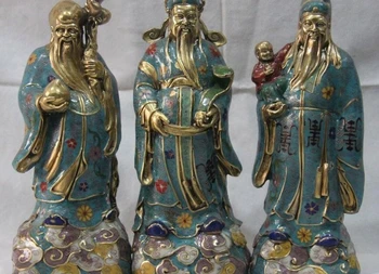 

14" Chinese Pure Bronze Cloisonne Enamel Fukurokuju stars Three Lucky God Statue