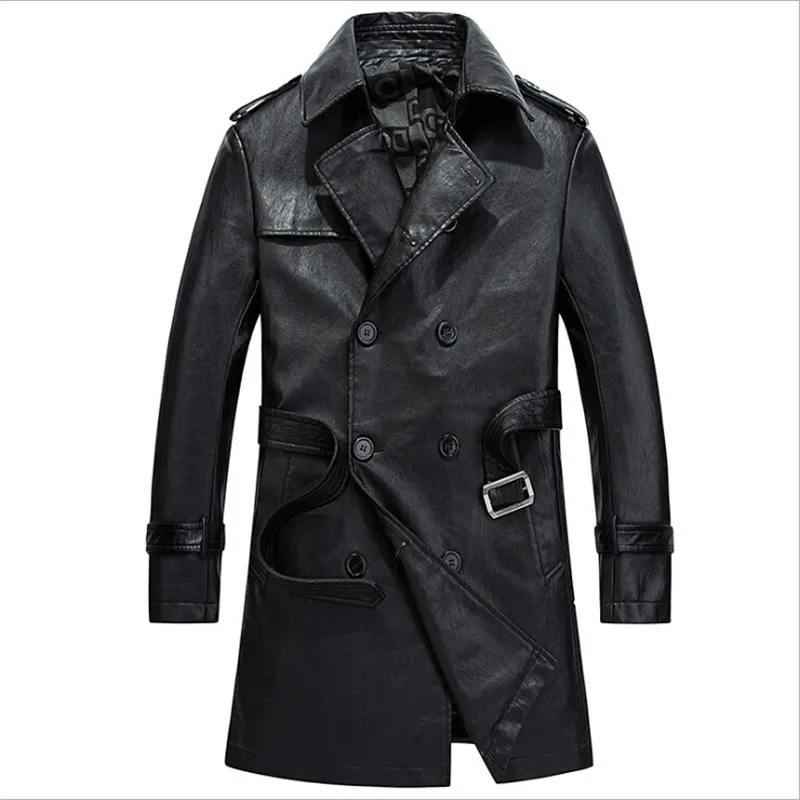 Men Pu Coat Autumn Faux Leather Vintage Jackets And Coat Long With Belt