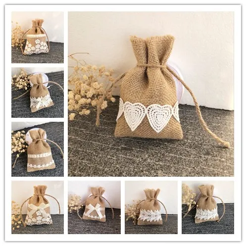 

25pcs/lot Mixed Style Lace Favor Bags ,Burlap Candy Bag, Rustic gift packing bag for Wedding/Christmas Candy gift Burlap bags