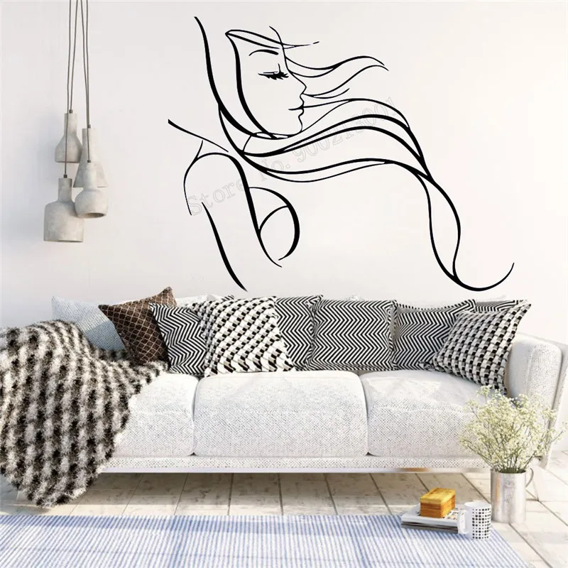 

Wall Art Sticker Beauty Salon Room Decor Beautiful Girl Sexy Decoration Vinyl Removeable Poster Barbershop Long Hair Decal LY452