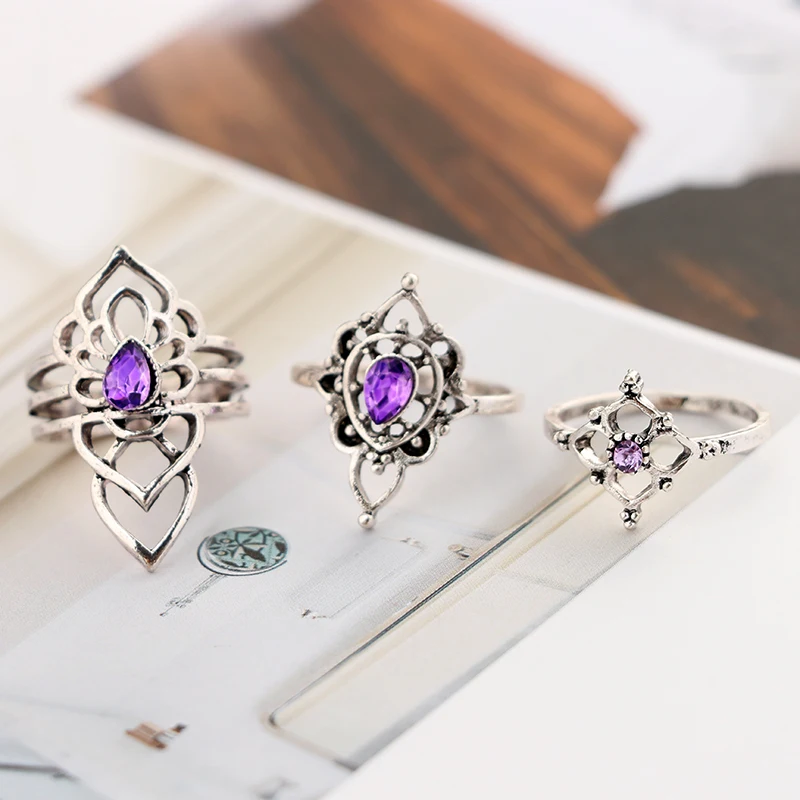 Tocona модный антикварный серебряный со стразами набор колец фиолетовый обручальное кольцо миди кольца на фаланг пальца Бохо ювелирные изделия 4438