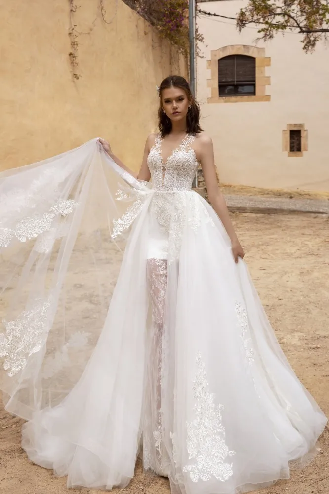 

Vivian's Bridal Skirt Illusion Tulle Detachable Train Summer Cool Wedding Dress Sexy Deep V-neck Lace Appliques Bridal Dress