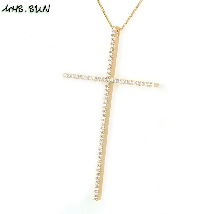 MHS.SUN CZ Zircon Big Cross Pendant Necklace For Men Women Gift Hip Hop Gold/Silver/Black Chain Necklace Religion Jewelry 1PC - Окраска металла: 1