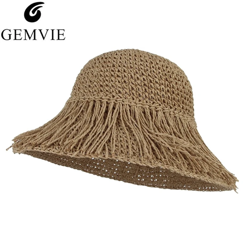 GEMVIE جديد الأزياء طوي شرابات قبعة صيفية للنساء دلو القش قبعة واسعة بريم قاء زجاجي شاطئ كاب منسوجة يدويا قبعة الشمس