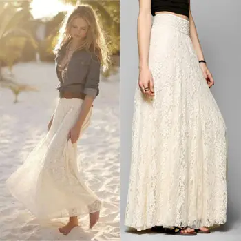 

2019 New Hot Summer Fashion Latest Women Double Elegant Lace Layer Chiffon Pleated Long Maxi Elastic High Waist Skirt