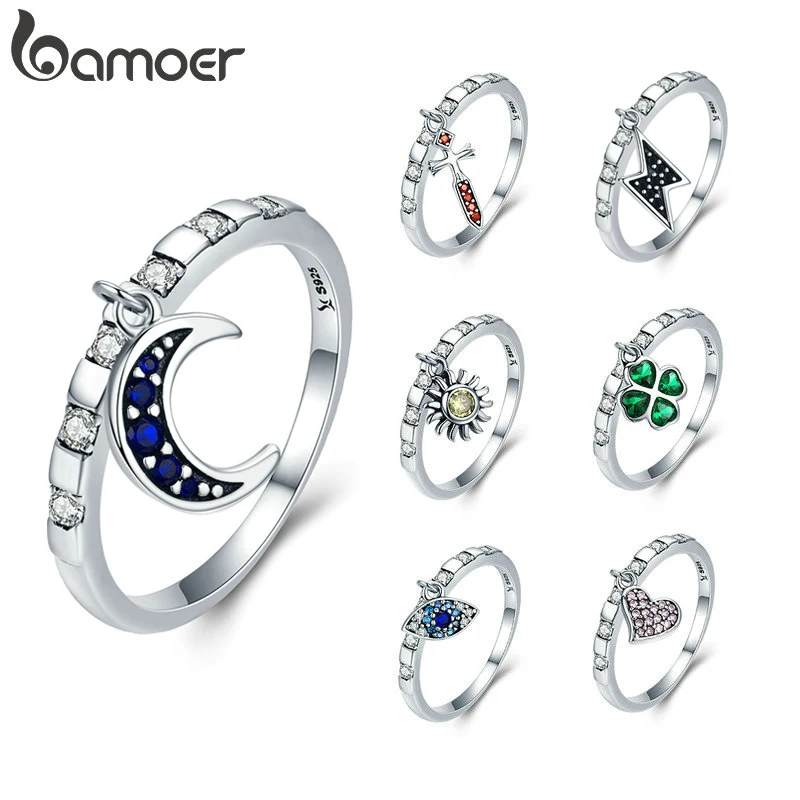 

BAMOER 925 Sterling Silver 7 Styles Day Ring Monday to Sunday Moon Lucky Eye Heart Dangle Female Ring for Women Silver Jewelry