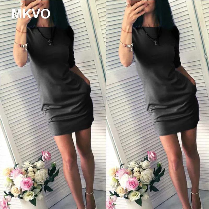 

2018 New Pockets Casual Loose Pencil dress Spring Autumn Dress Women's O-Neck Five-point sleeve Mini Bodycon Dresses vestidos