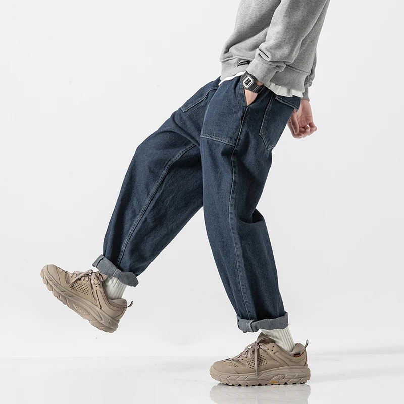 

2019 Autumn Suit New Casual Simple Loose Black Blue Cotton Straight Tube Mid-waist Jeans Men Streetwear