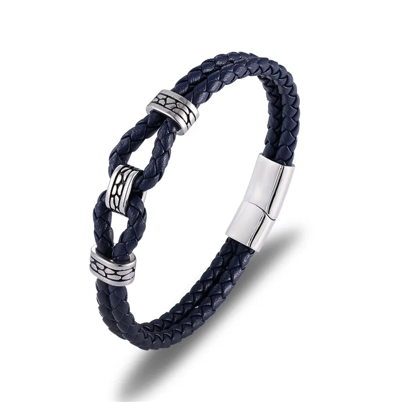 Charm Braided Genuine Leather Bracelets Bangles for women Friendship Bracelet Men Stainless Steel Magnet Buckle homme jewelry - Окраска металла: Dark blue