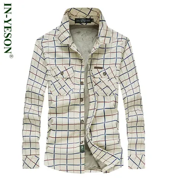 

New Plus Size 5XL Autumn Winter Fleece Shirt Men Brand IN-YESON Men's Plaid Shirt Military Style camisa masculina Mens Shirts