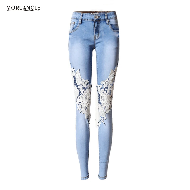 MORUANCLE Womens Sexy Hollow Out Jeans Pants Stretchy Skinny Lace Up Denim Joggers Plus Size 34