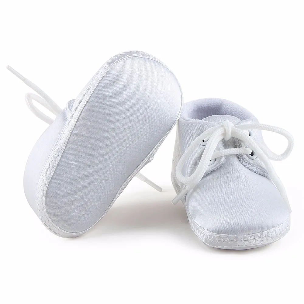 Обувь для новорожденных мальчиков и девочек; чистый белый цвет; обувь для крещения; уникальная обувь на шнуровке с мягкой подошвой; хлопковая обувь для крещения; обувь для первых шагов