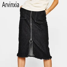 Arvinxia модная Молния Fly split Up женские джинсовые юбки сексуальные кисточки прямые до середины икры женские юбки сексуальные молнии карманы низ