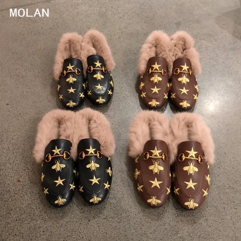 

MOLAN Brand Designers 2018 Fashion Superstar Bee Embroider Woman Furry Flat Slides Slip On Loafers Warm Mules Flip Flops 35-41