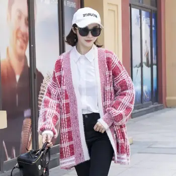 

2019 Women Spring Autumn Oversize Harajuku Plaid Knitted Cardigan Coat Female Casual Sweater Tops Women Crochet Knitwear K15