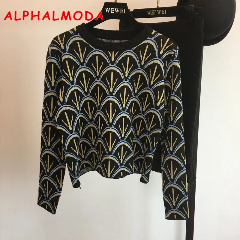Женский вязаный костюм ALPHALMODA свитер с узором и юбка русалки комплект из 2