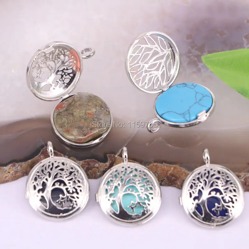 

High Quality 10Pcs Tree of Life Locket Pendants Natural Stone Lapis Lazuli Crystal Opal etc Reiki Jewelry for Women