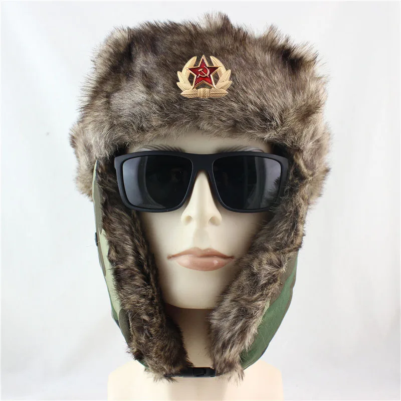 الجيش السوفياتي منفذها القبعات الشتاء تروبر قبعة الصياد Ushanka الروسية قبعة مع فو الفراء الرياضة في الهواء الطلق التزلج الدافئة الأذن اللوحات ...