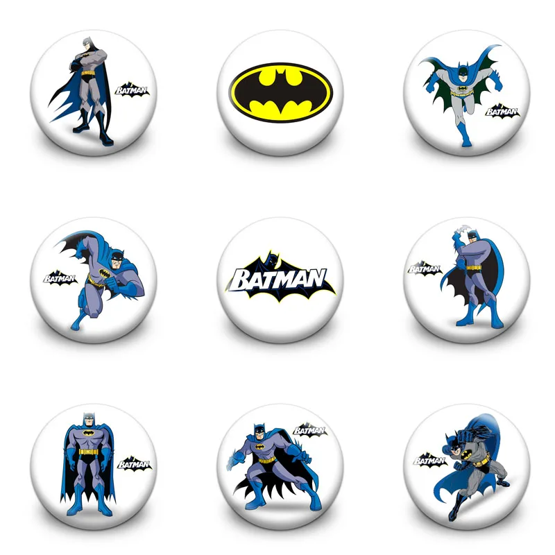 

9pcs/set Batman Cartoon Buttons Kids Badges Brooches Pins Clothes/Bag/Pants Accessories Kids Gift Party Favors 30MM Round Button