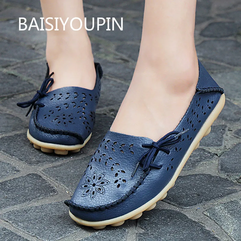 

Plus Size Summer Solid Casual Women Shoes Platform Round Toe Slip-On Openwork Genuine Leather Hole Sport Female Shoes 34-44