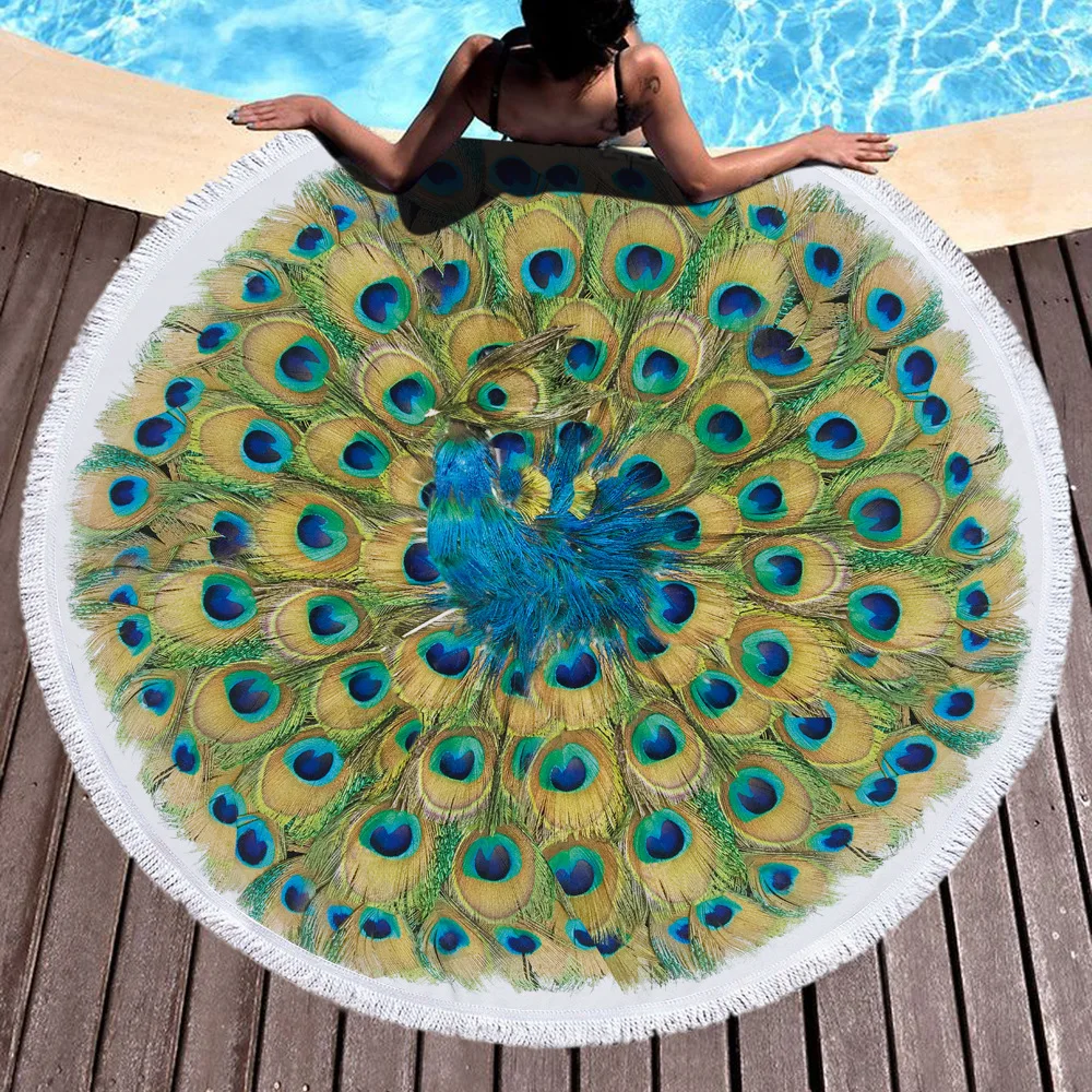 Кисточка с принтом "павлиньи перья" 150 см гигантское пляжное одеяло скатерть для пикника кемпинга круглое пляжное полотенце текстильная салфетка шаль матрас