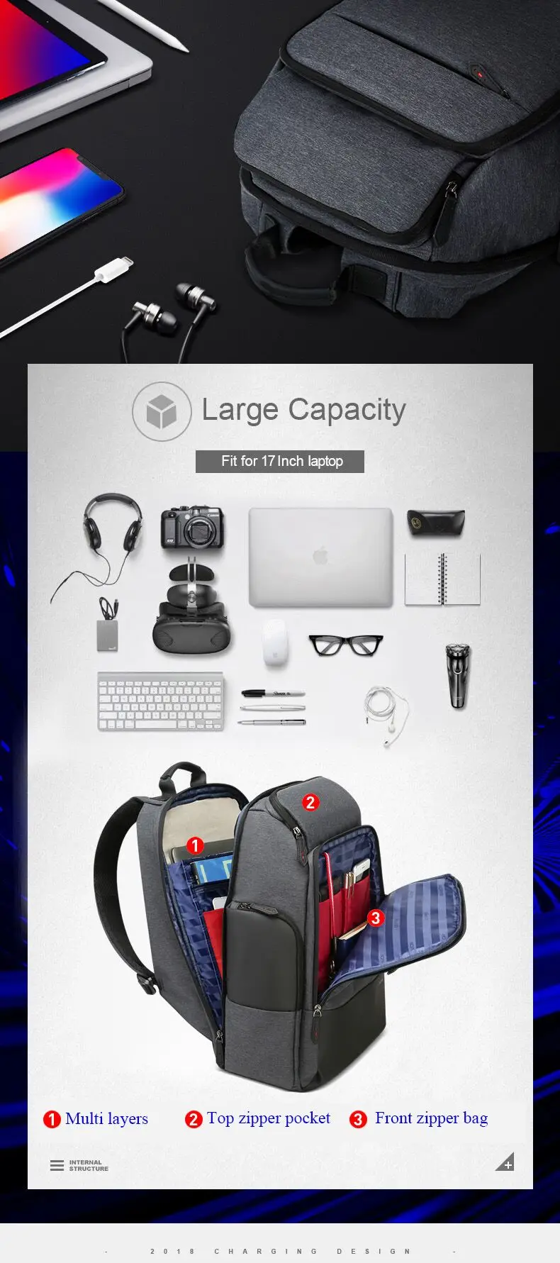 BOPAI 40 литров, большой мужской рюкзак для путешествий, большой рюкзак для путешествий на выходные, мужской водонепроницаемый рюкзак для ноутбука 17 дюймов, wo, мужской рюкзак