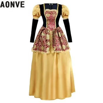 

Aonve Carnival Women Ball Costume Medieval Vitange Cosplay Dress Yellow Long Sleeves Vestido Europe Ladies Retro Grace Dresses