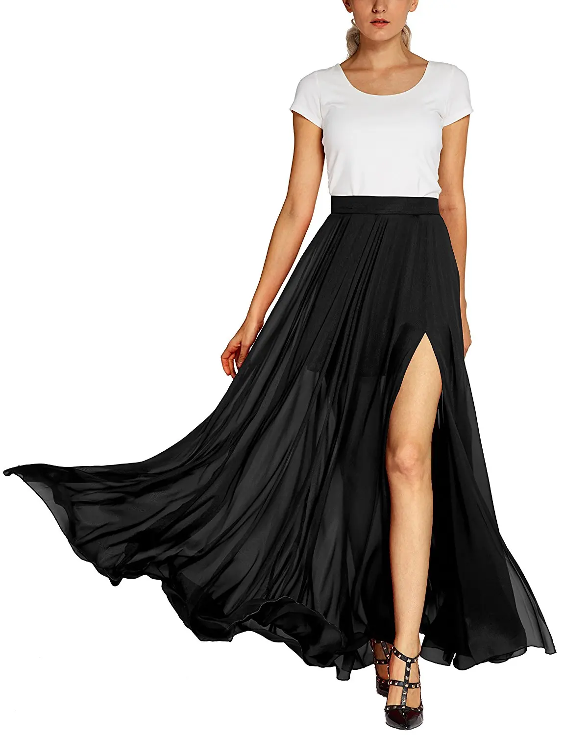 Customize Women's Fashion Solid Color Flowy Split Long Maxi Skirt