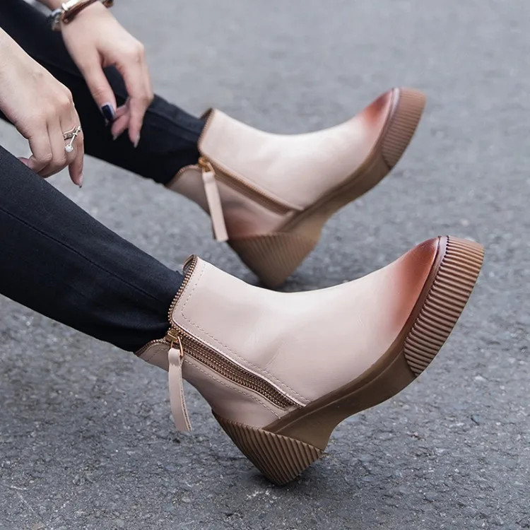 

Fashion Women's Casual Ankle Boots Round Toe Zipper Flat Shoes Genuine Leather Black Apricot Round Toe G102