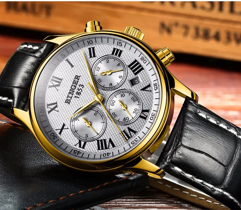 Watches Men Luxury Brand BINGER Automatic Mechanical Watch Waterproof Calendar Leather Wristwatch relogio masculino