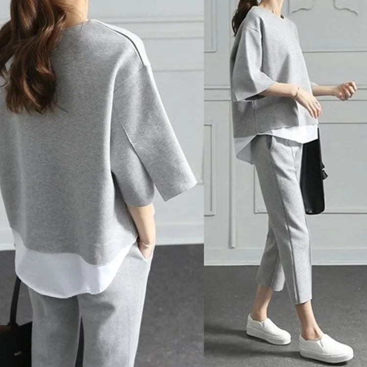 2018 Autumn Casual O Neck Fake Two Pieces Top 3/4 Length Pants piece Sets Loose Splits Sleeve Cotton Suits|Спортивные костюмы| |
