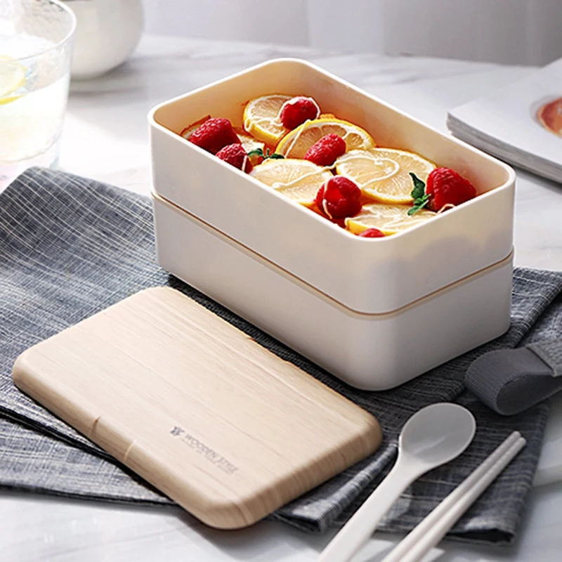 Double Layer Lunch Box Wood Grain Lid Microwave Bento Boxes Kids Food Container Storage Portable Picnic Box 1200ml Can Be Sepa