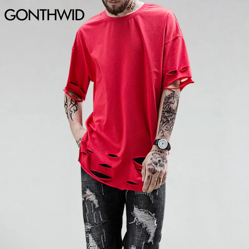 GONTHWID Hipster Ripped Holes T Shirt Mens Hip Hop Curved Hem Extended Longline T Shirts Male