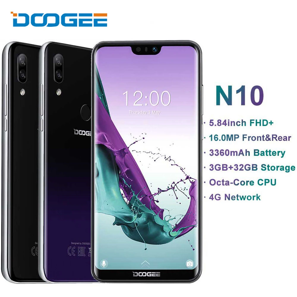 

New DOOGEE N10 mobile Phone 3GB RAM 32GB ROM 3360mAh Android 8.1 16.0MP Front Camera 5.84inch FHD+ 19:9 Display 4GLTE Smartphone